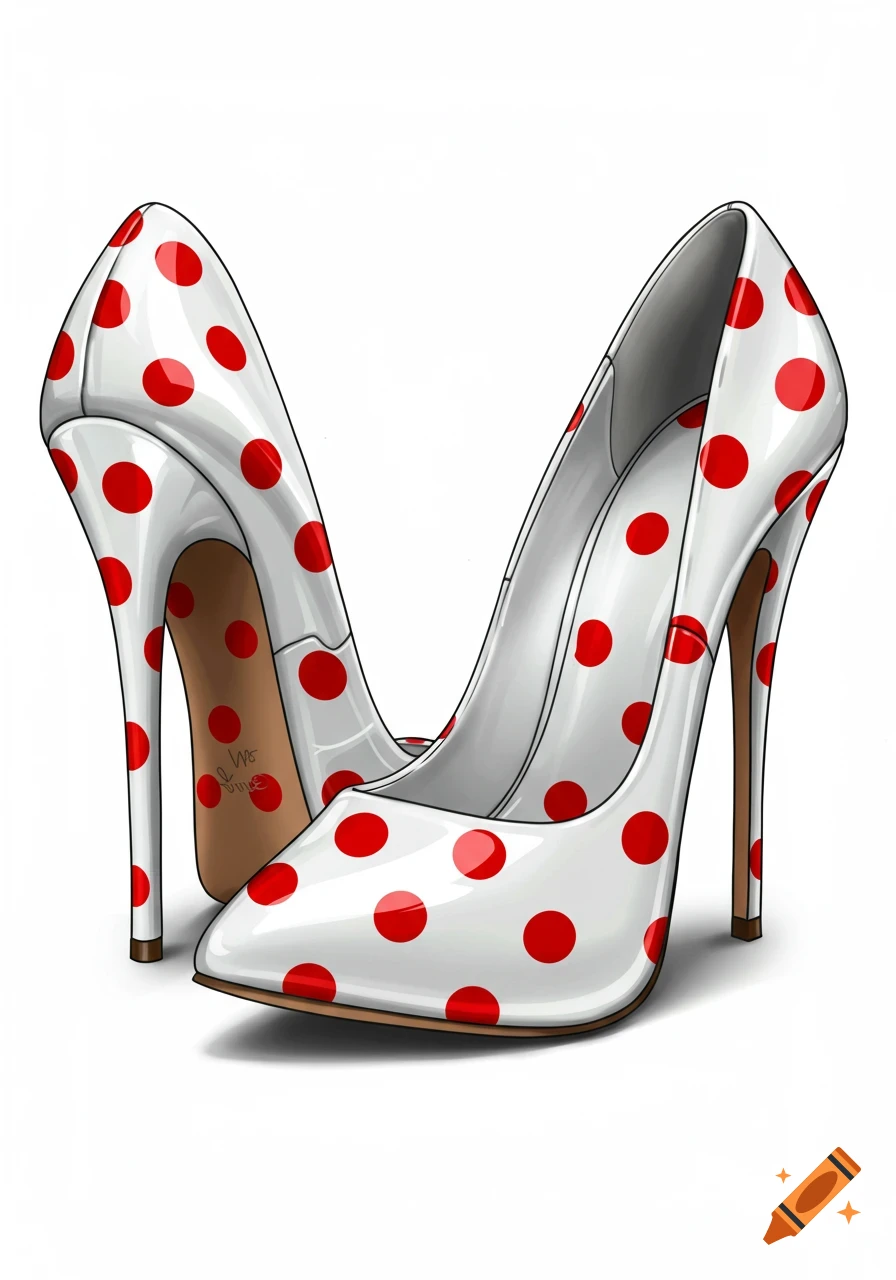 An illustration of white stiletto heels with red polka dots.
