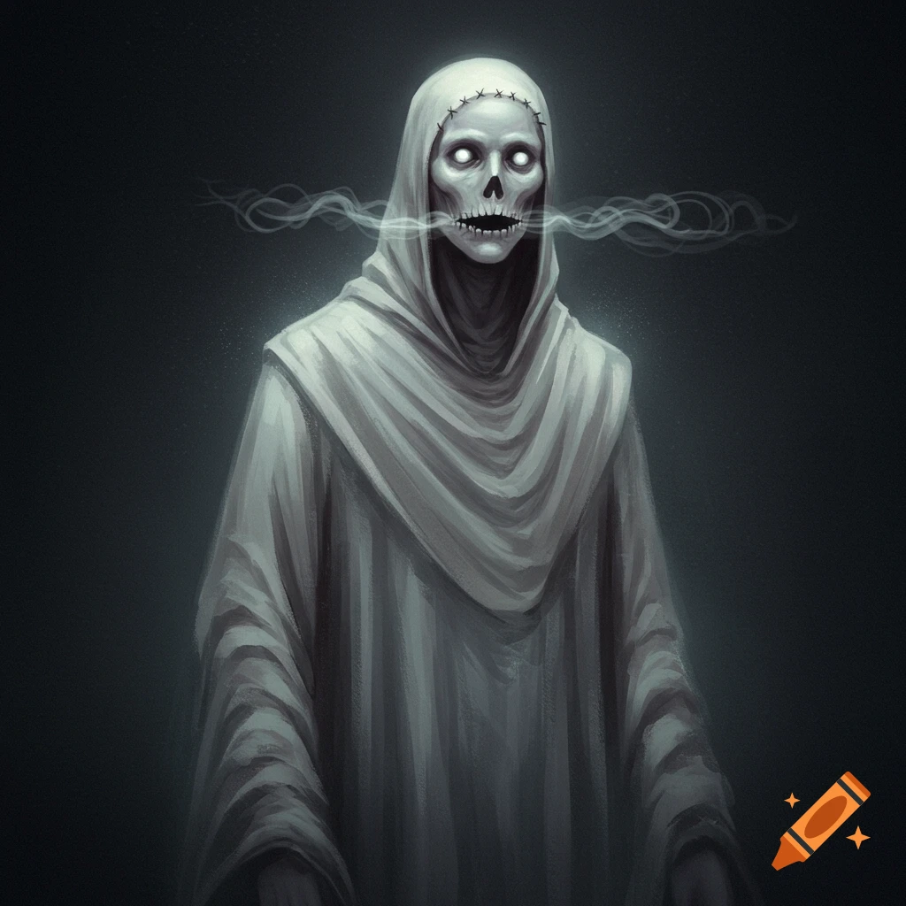 A spooky specter in white robes with a skull face, glowing eyes, stitched mouth, and smoke coming out, against a dark background.