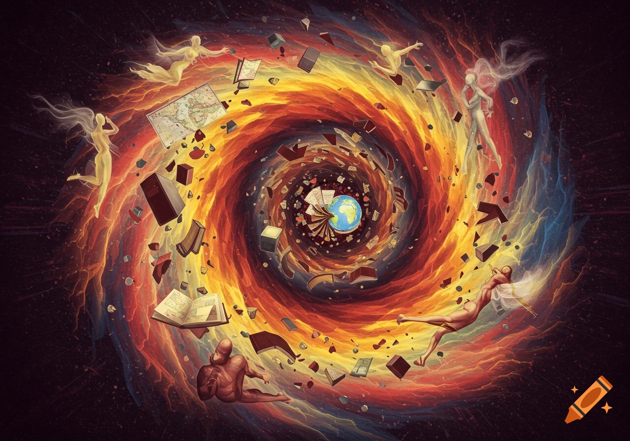 A swirling vortex of energy with figures, books, maps, and a globe flying around, symbolizing knowledge and learning.