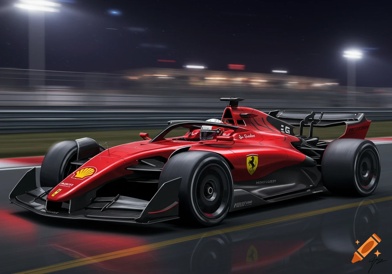 A red Ferrari Formula 1 race car drives on a track at night.