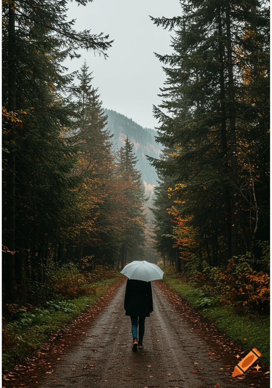A person walks with an umbrella down a forest road with autumn trees on ...