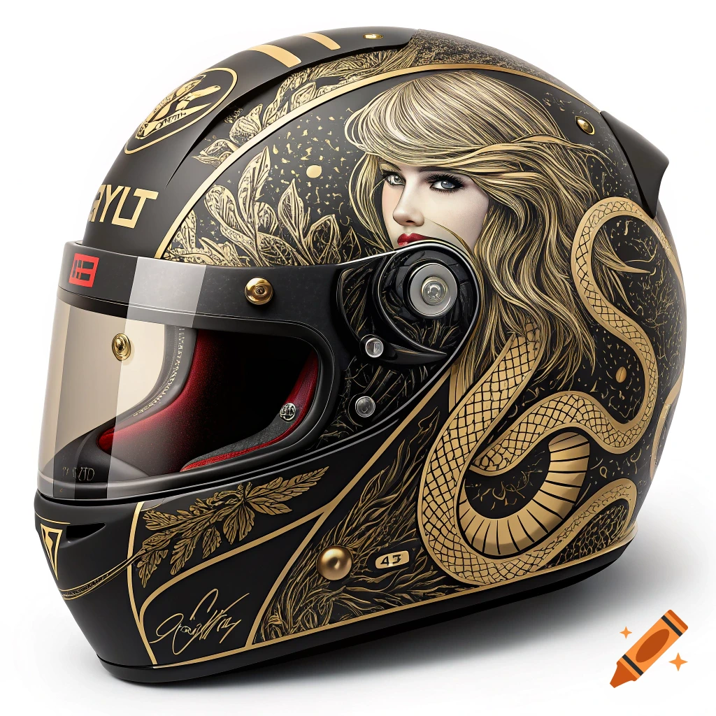 Black and gold helmet featuring a woman's face and intricate snake design