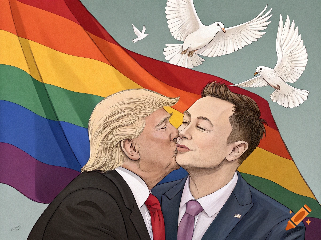 Illustration of figures resembling Trump and Elon Musk kissing in front of a rainbow pride flag with doves.