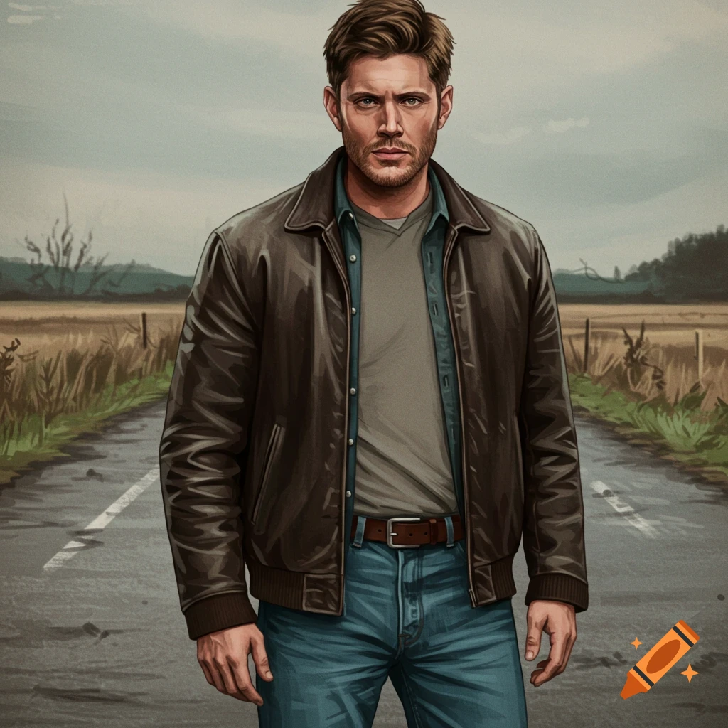 Digital illustration of a man in a leather jacket standing on a rural road.