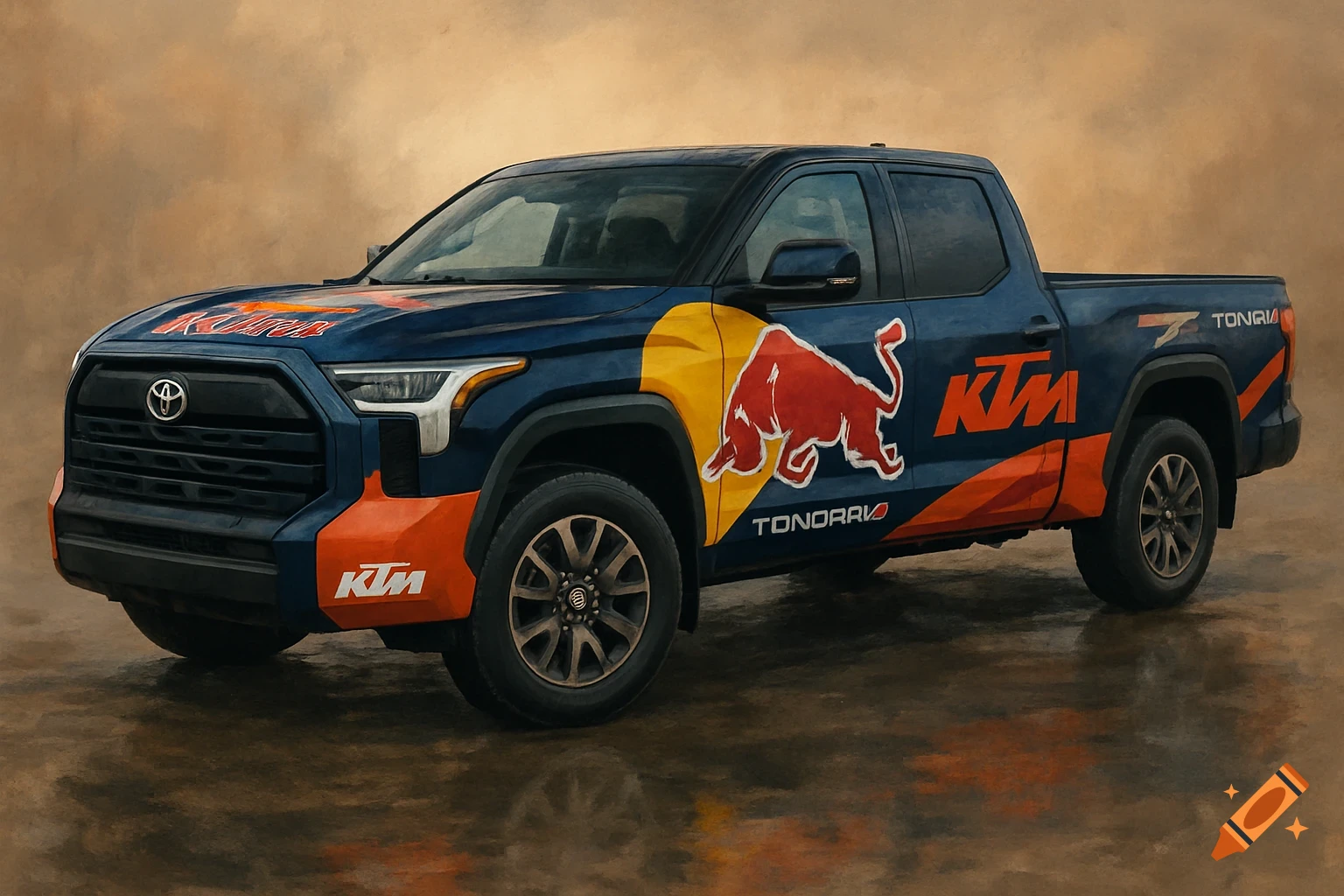 A dark blue pickup truck with orange and yellow KTM and Red Bull branding, parked on a wet surface.