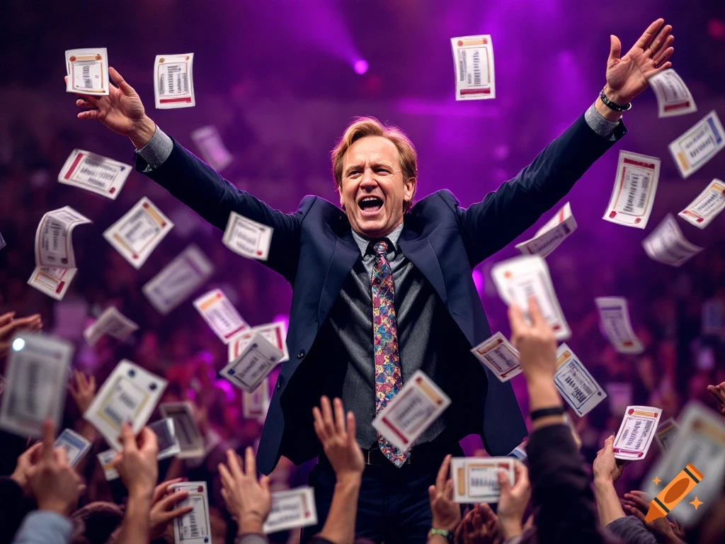 An energetic man throws tickets into a cheering crowd on a stage under purple lights.