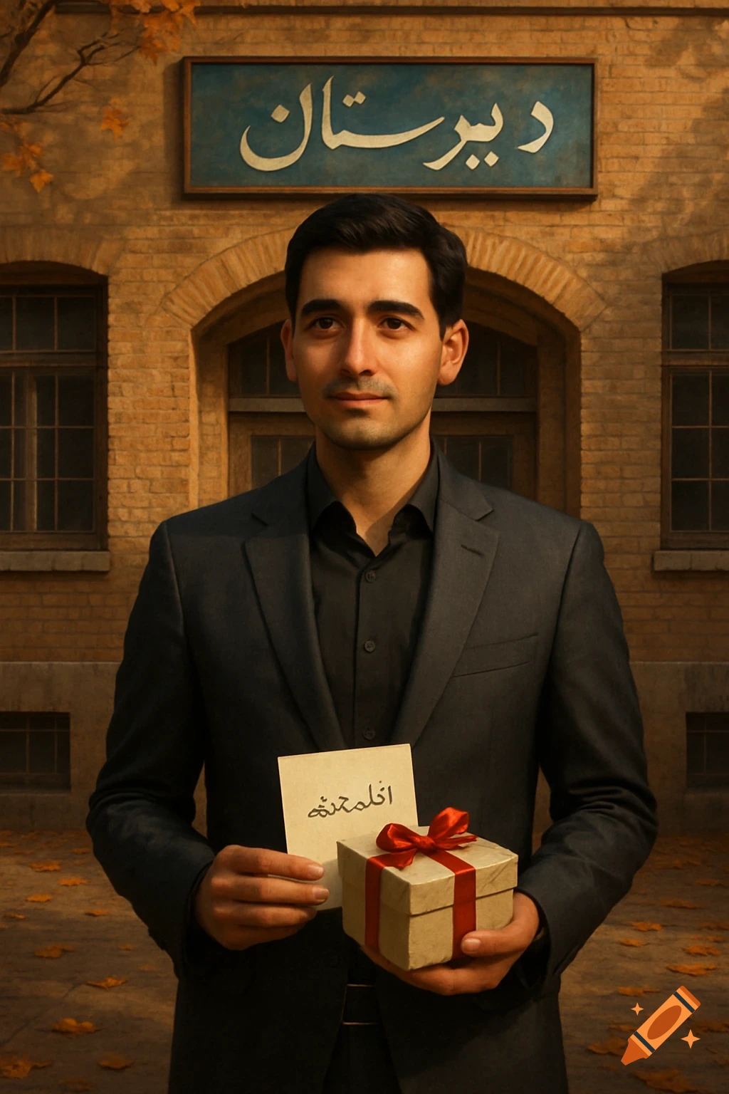 A man stands in front of a brick school building holding a gift and card in autumn.