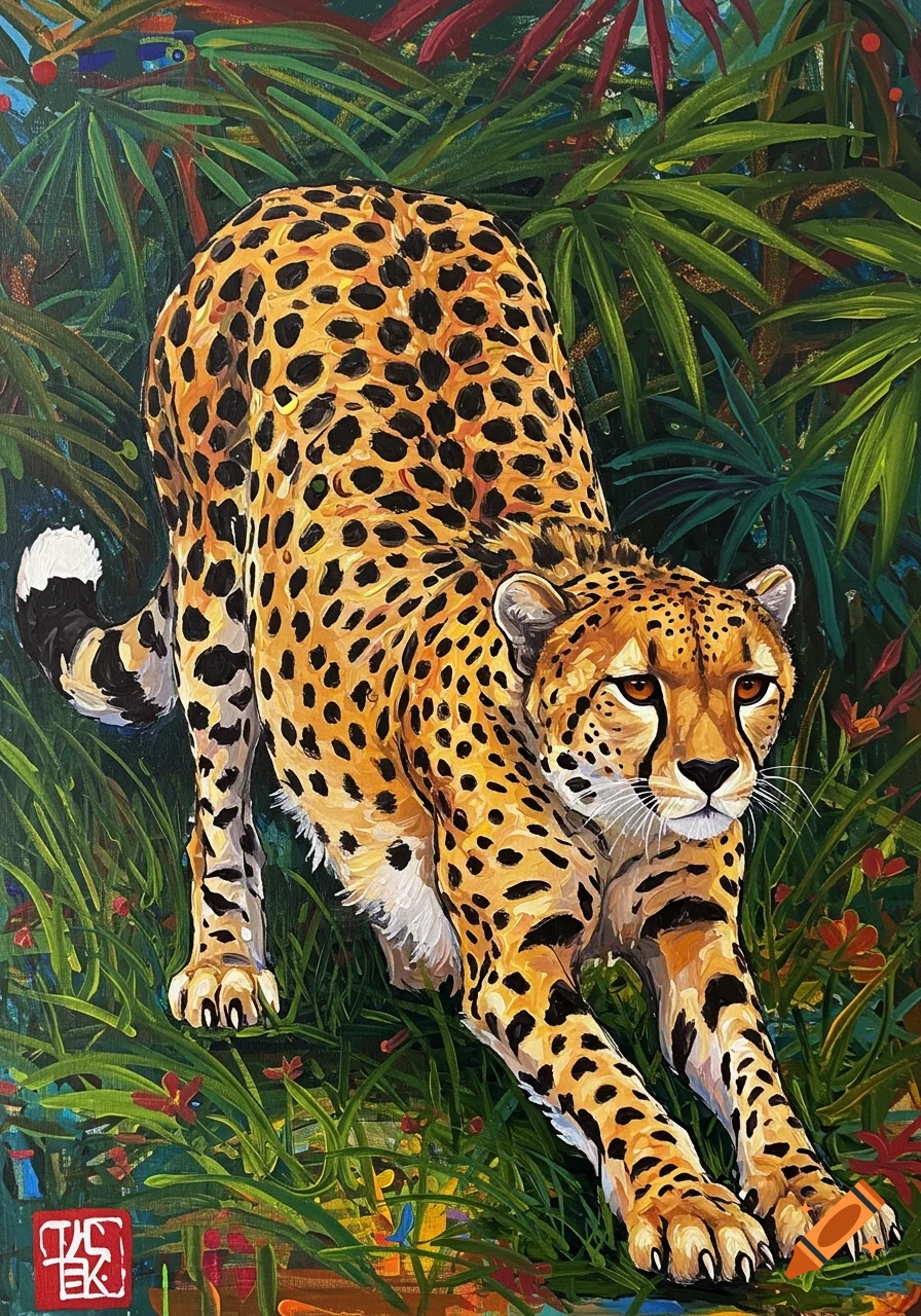 A cheetah stretches in a colorful acrylic painting of a jungle scene.
