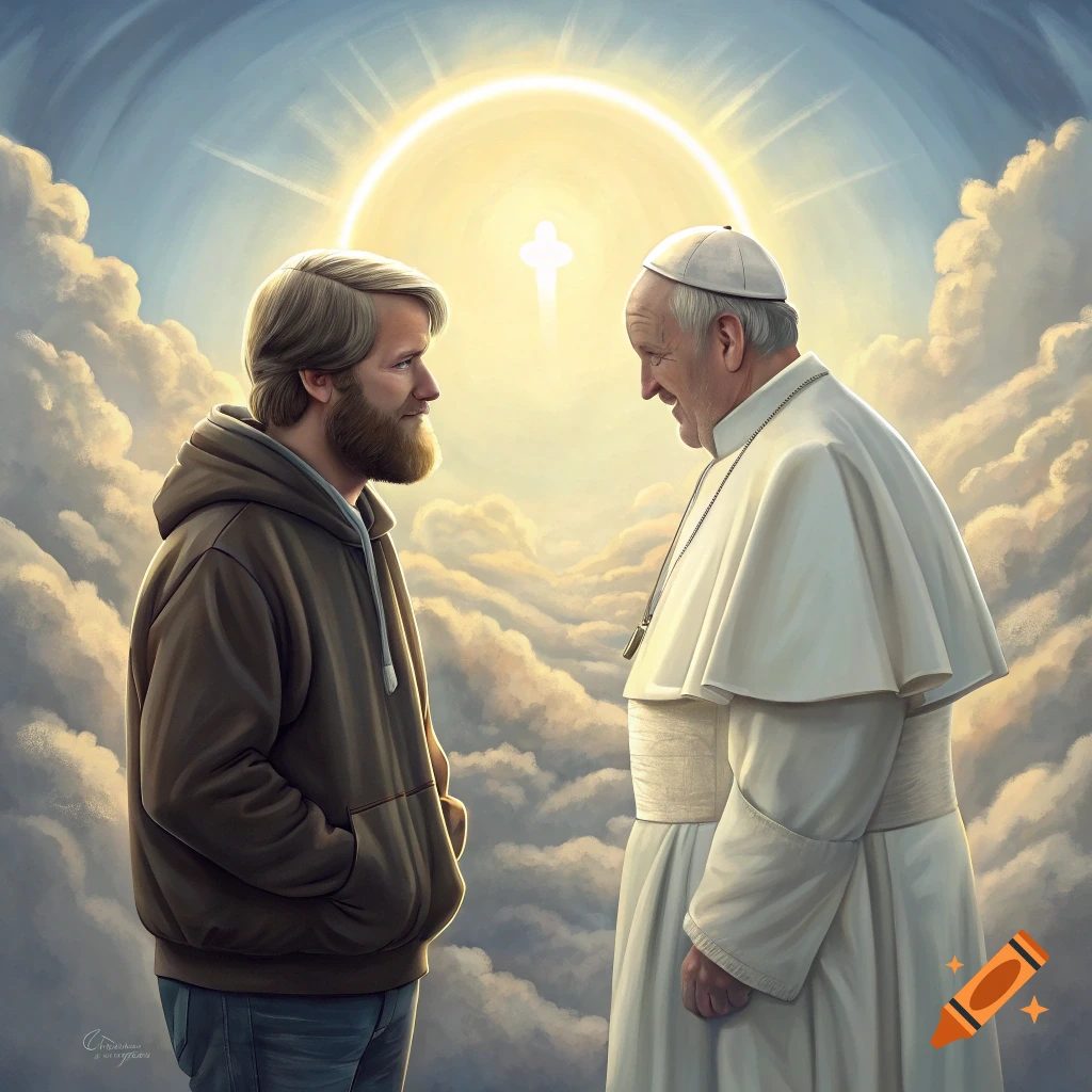 Pope Francis and a bearded man stand in clouds under a bright light and cross, painted style.