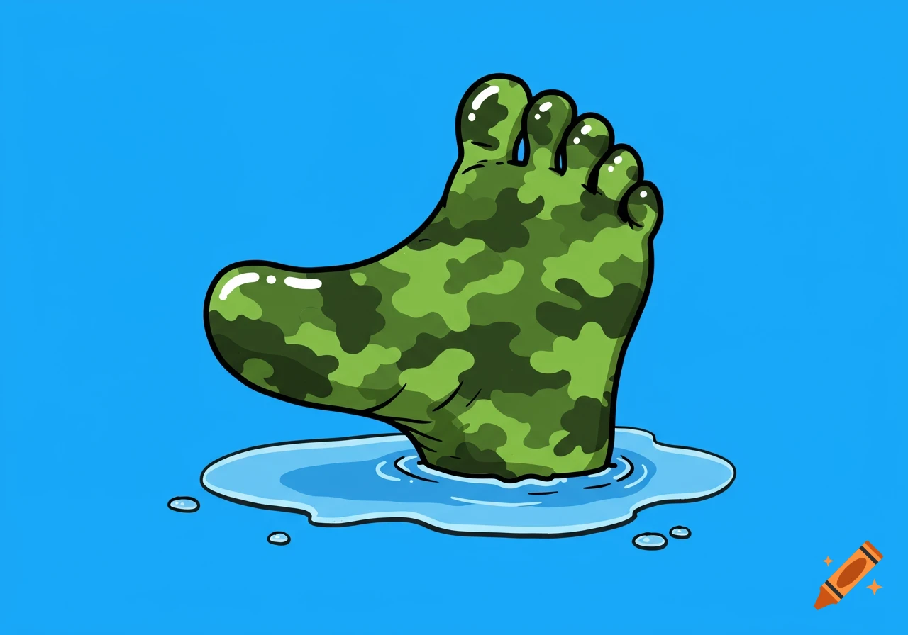 A cartoon foot with a green camouflage pattern stands in a puddle on a blue background.