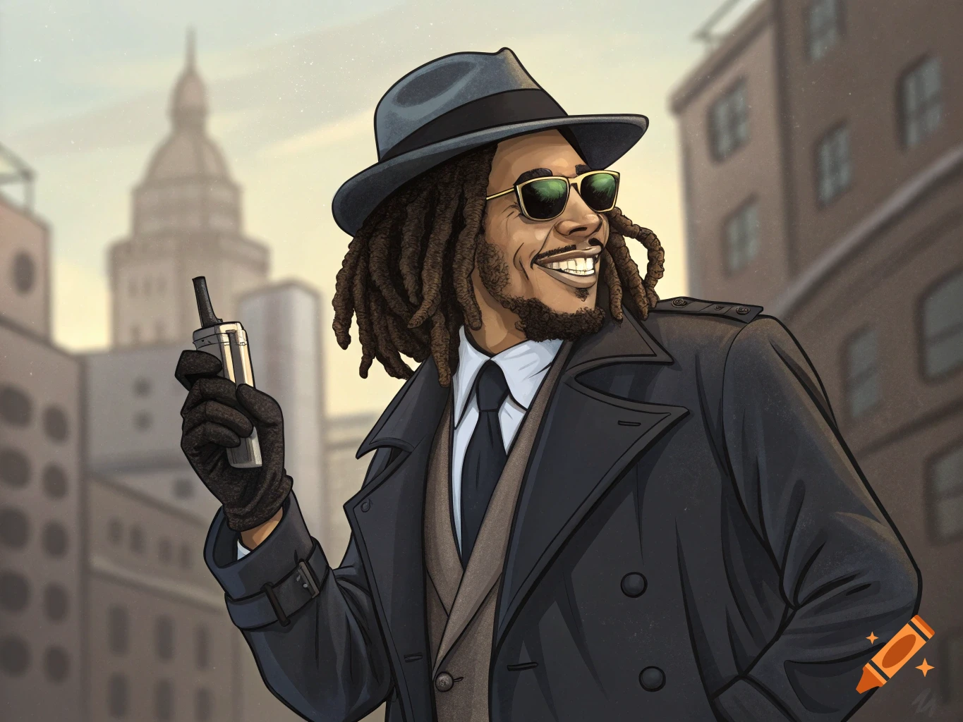 Illustration of Bob Marley dressed as a spy in an urban setting, holding a radio.