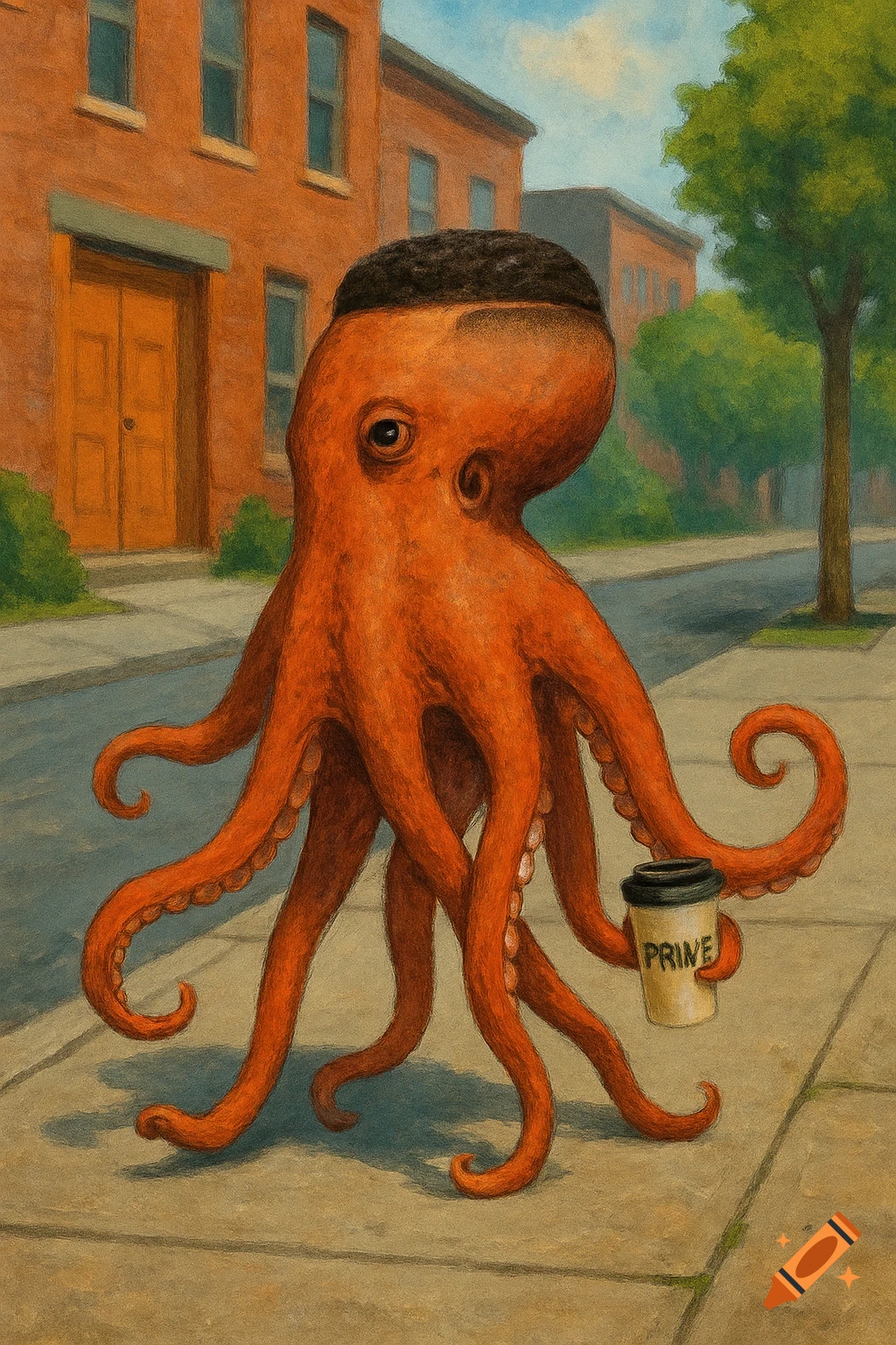 An orange octopus with a low taper fade haircut walks on a city sidewalk holding a coffee cup in a painterly style.
