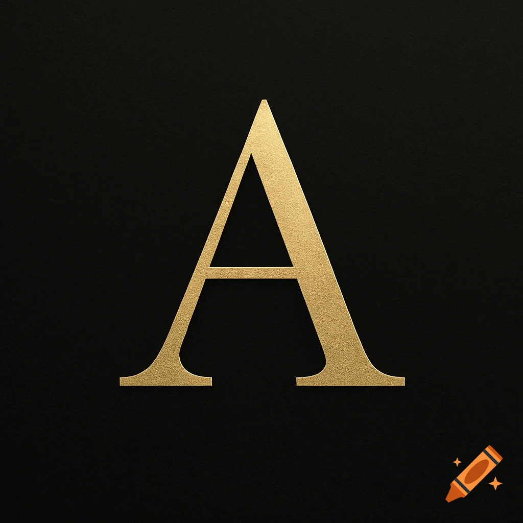 A gold capital letter A on a black background.