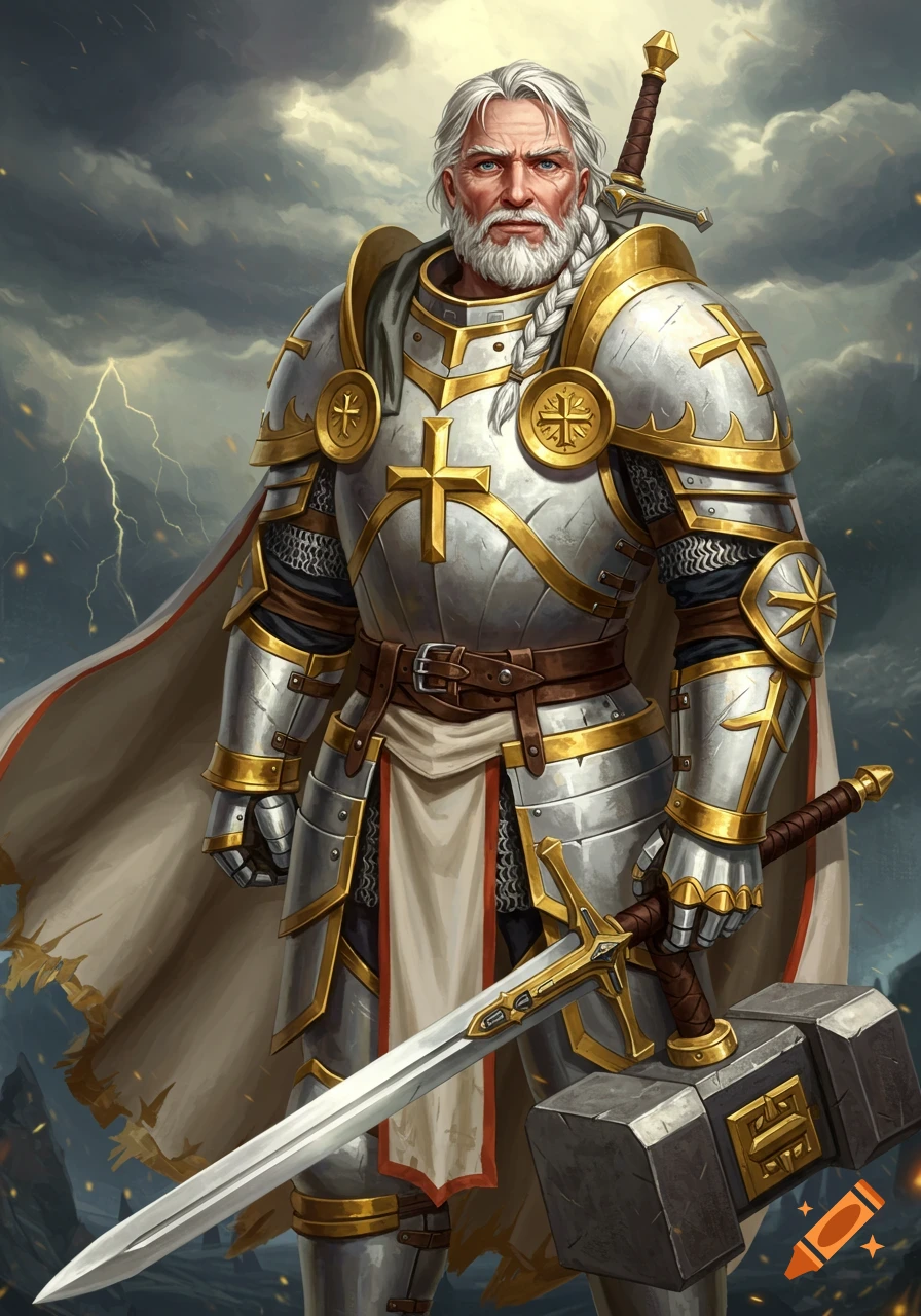 An older paladin in white and gold armor holding a sword and hammer stands under a stormy sky.