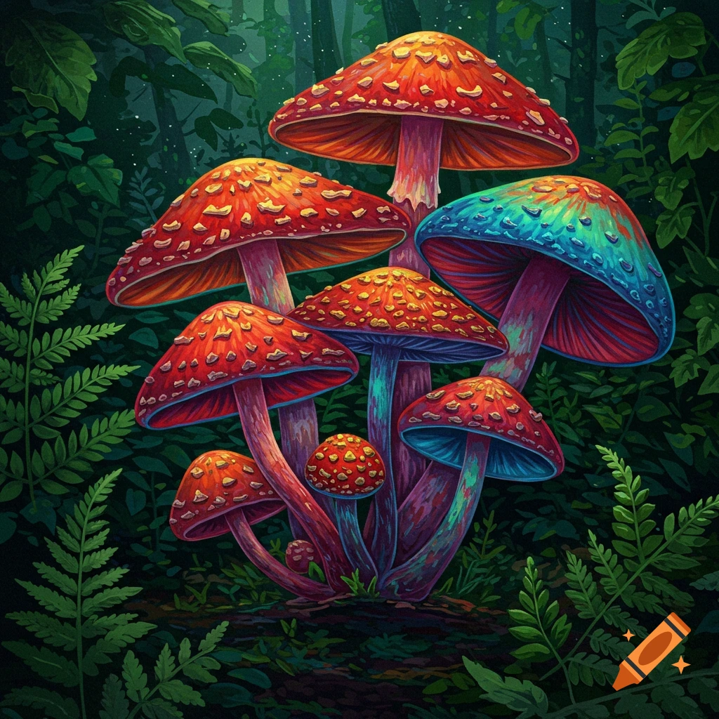 A vibrant illustration of a cluster of red and blue-capped mushrooms in a dark forest.