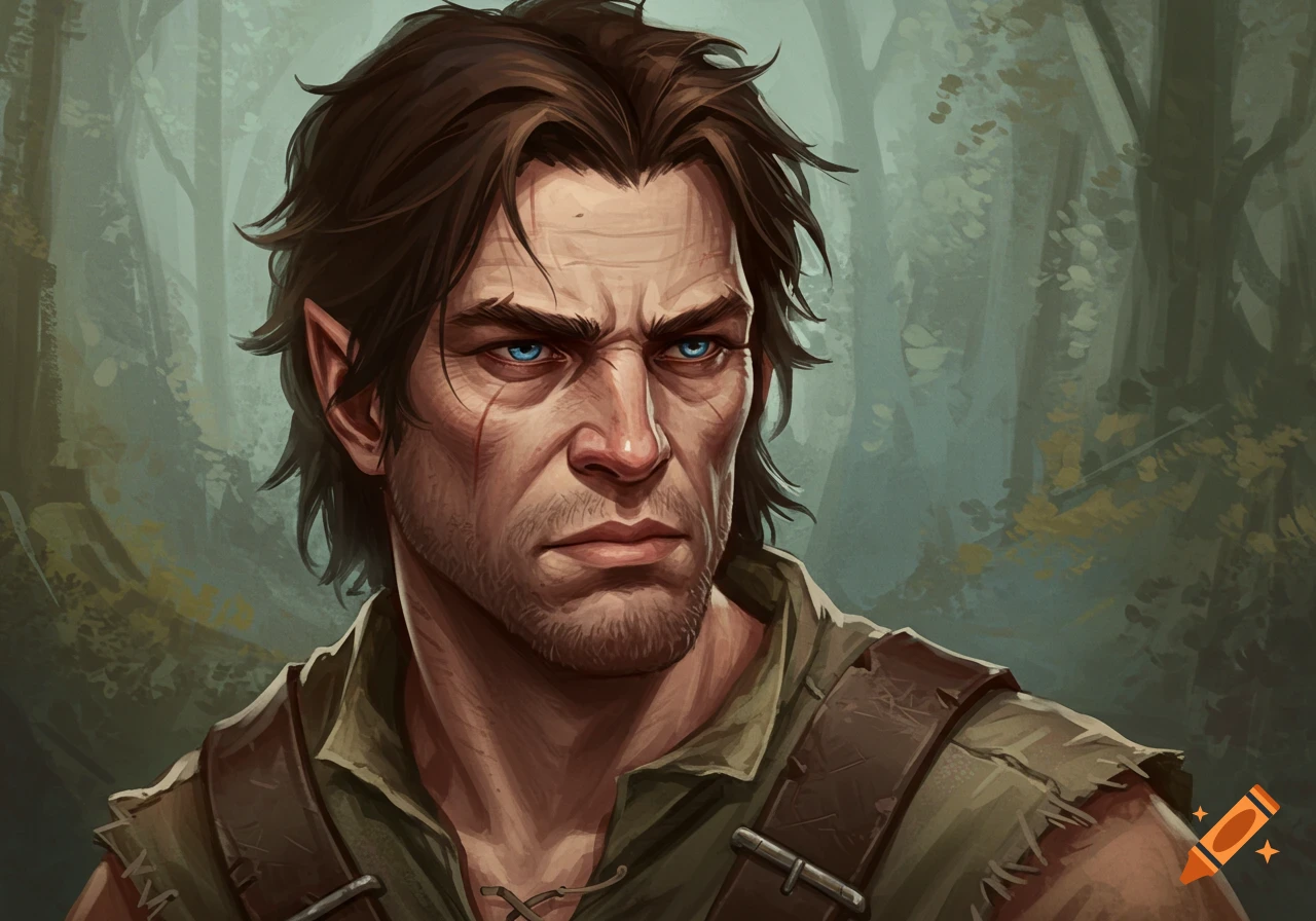 Digital painting portrait of a fantasy man with pointed ears, blue eyes, scars, against a forest background.