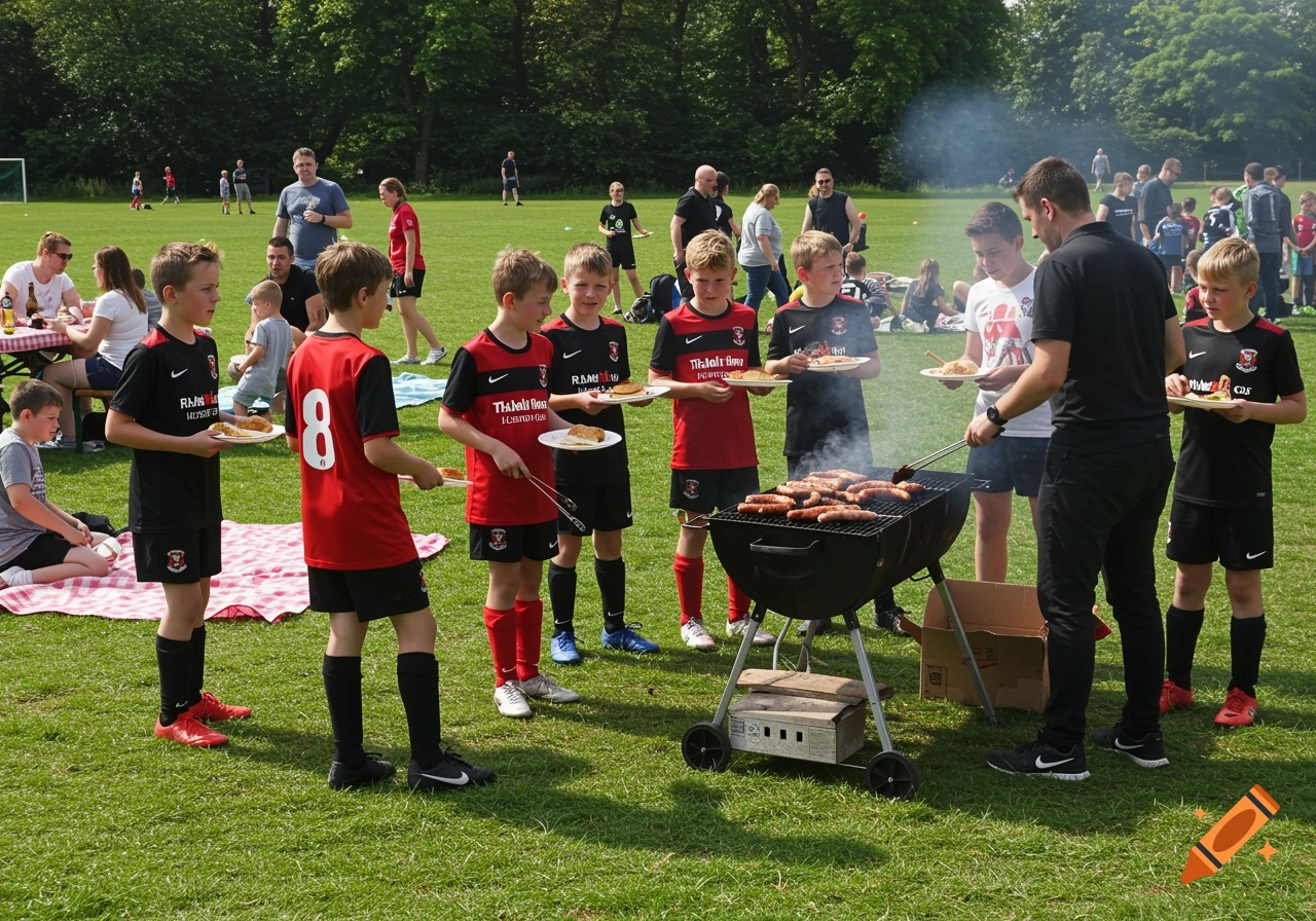 Kids and adults gather around a barbecue on a grassy field, holding plates of food, many wearing football jerseys.
