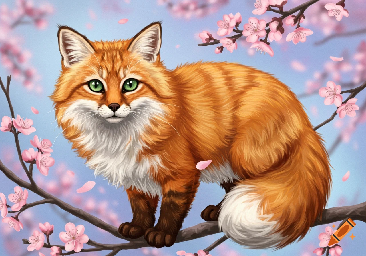 An illustration of a fox sitting on a cherry blossom branch.