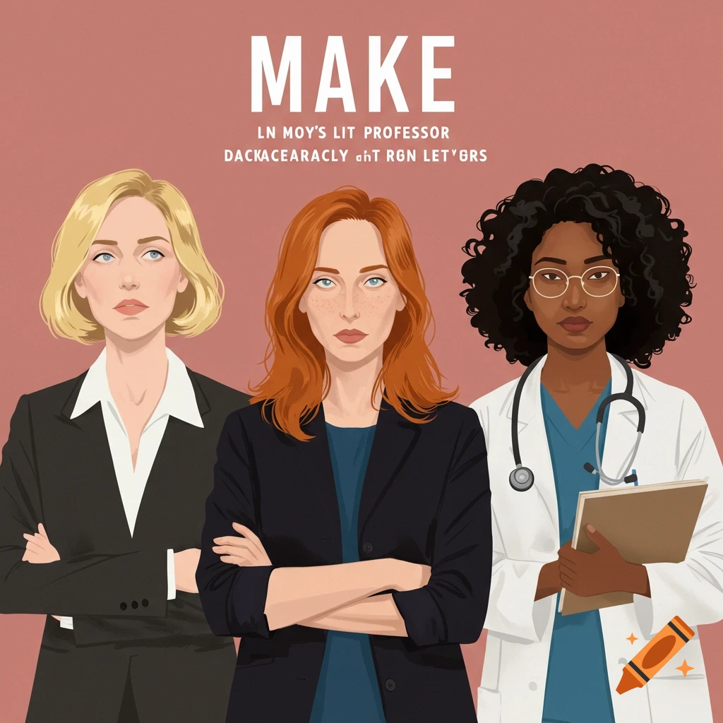 Illustration of three women: blonde in suit, redhead, and black curly hair in medical scrubs and lab coat.