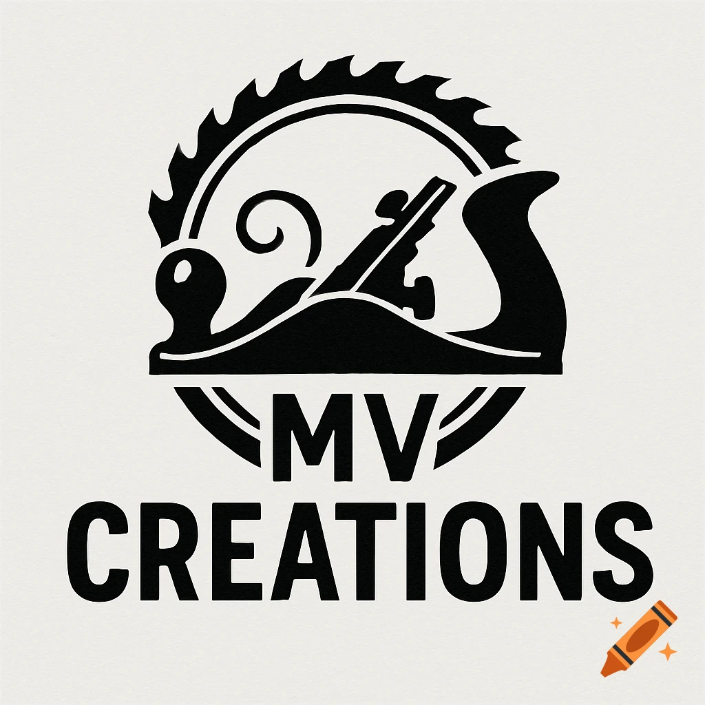 Black and white woodworking logo with a hand plane and saw blade surrounding the text MV CREATIONS