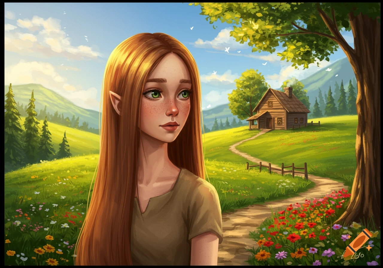 Illustrated fantasy portrait of a woman with long red hair and pointy ...