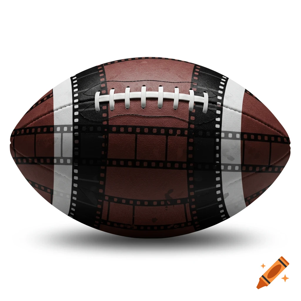 A football with a cinematic film negative pattern covering its surface.