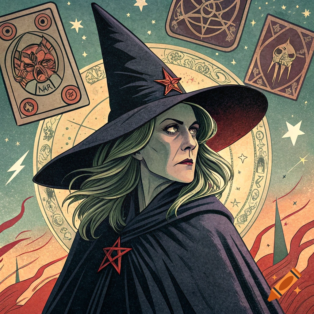 Witch in a hat and cloak with tarot cards and mystical symbols in loteria art style.