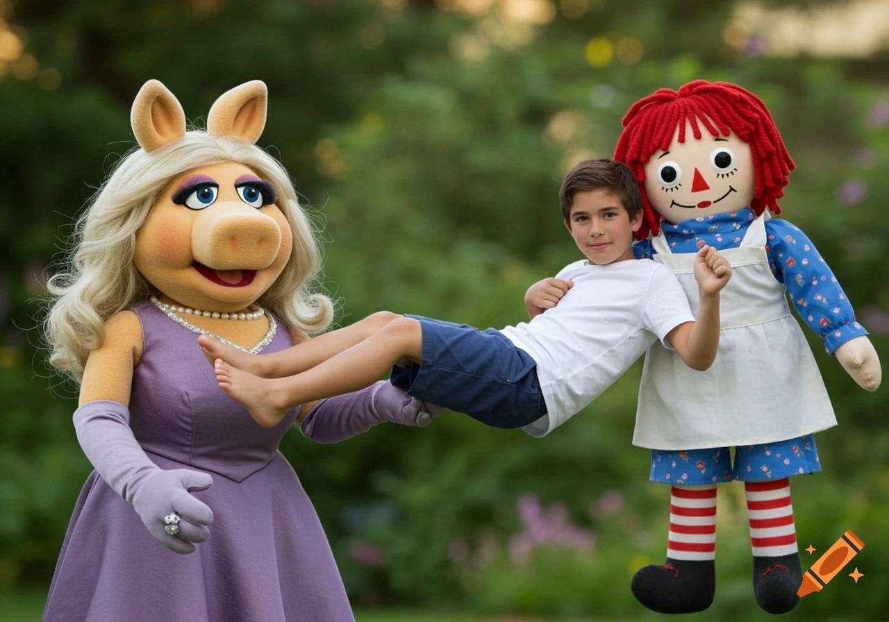 Miss Piggy Muppet and Raggedy Ann doll carrying a barefoot boy outdoors.