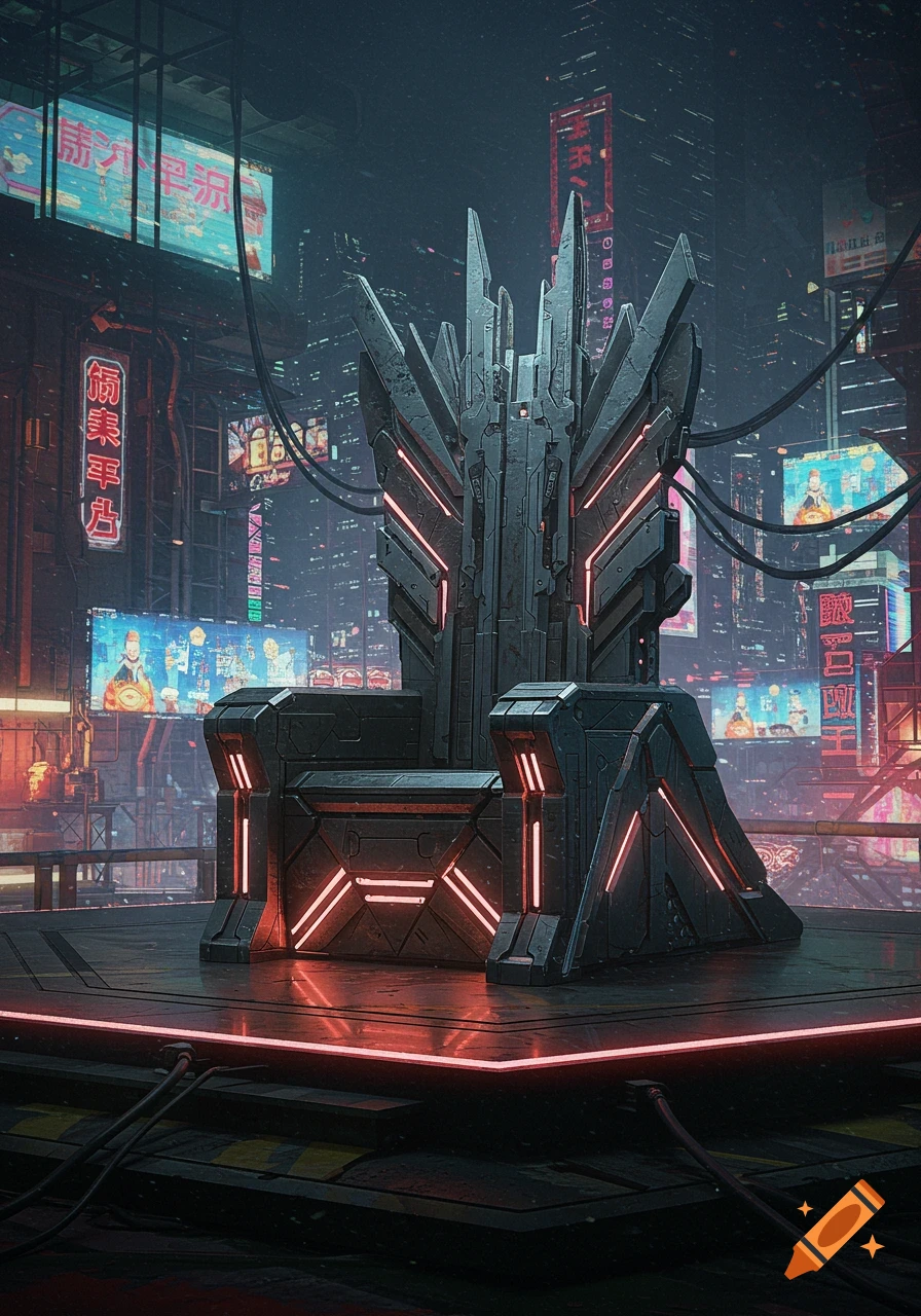 A detailed metallic cyberpunk throne with red lights sits on a platform in a rainy future city with neon signs.