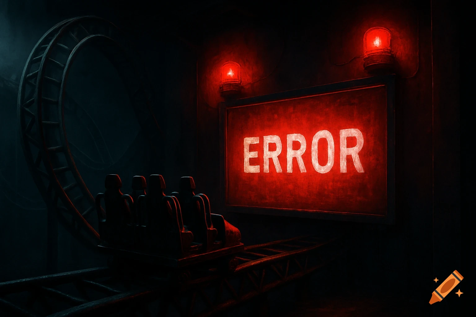 Roller coaster car facing a screen displaying 'ERROR' with red sirens in a dark ride.