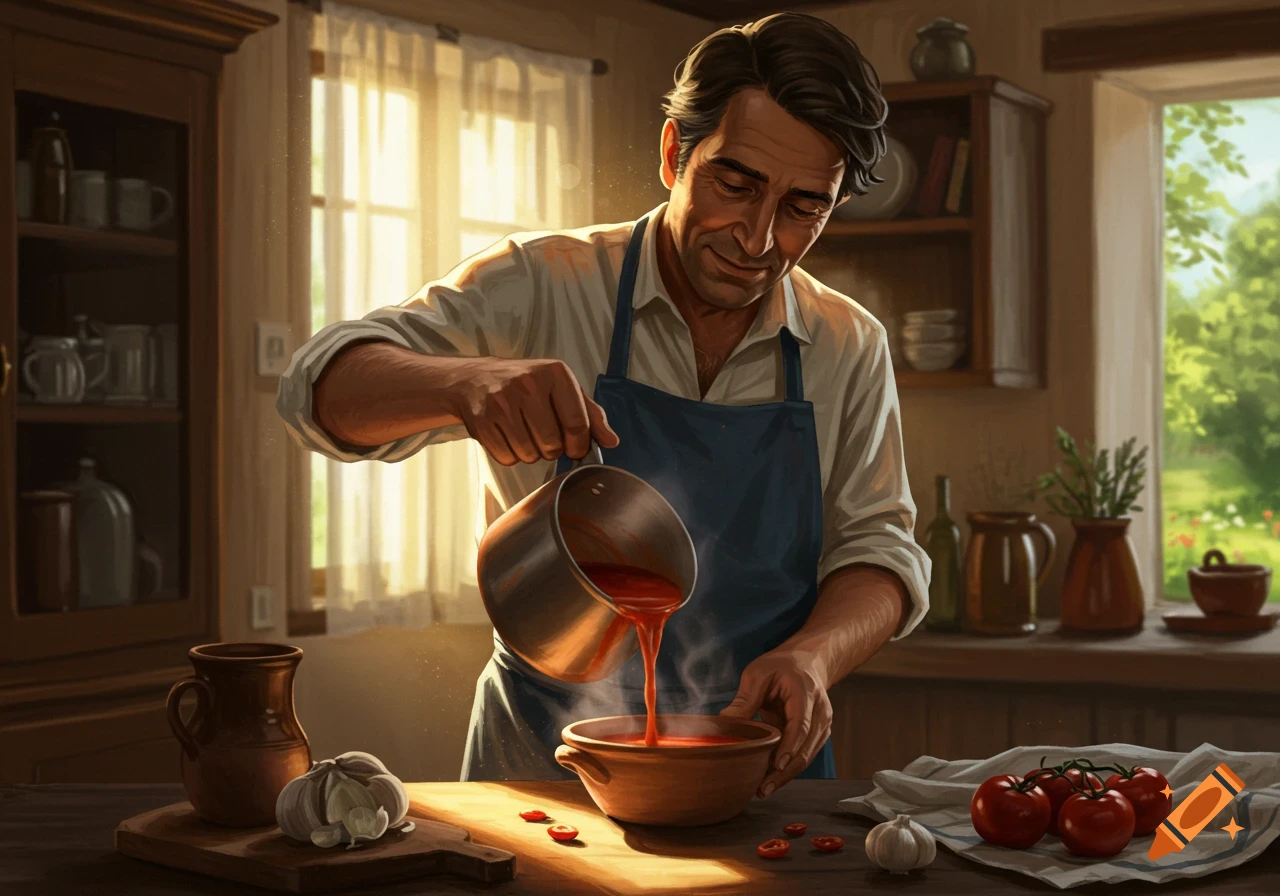 Man in an apron pouring liquid from a pot into a bowl in a sunlit kitchen.