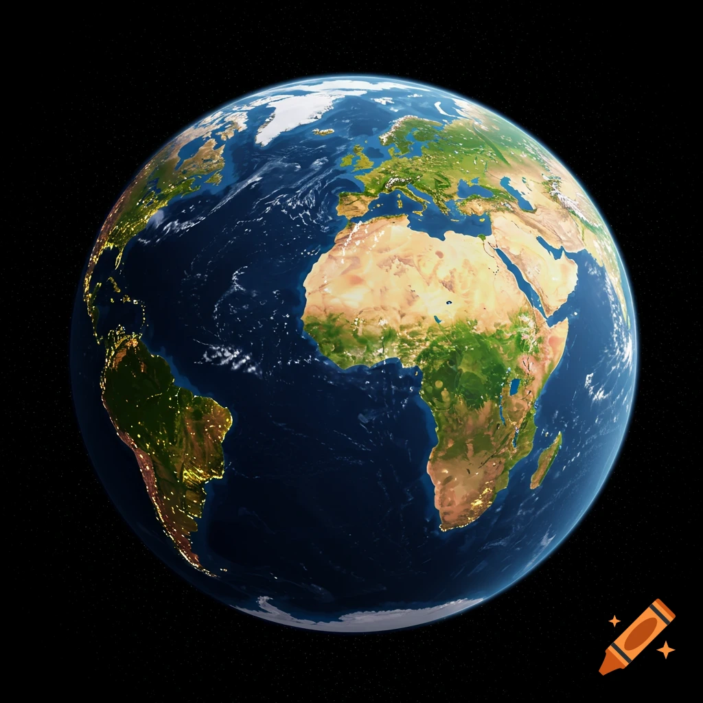 View of Earth from space at night, showing continents and city lights.