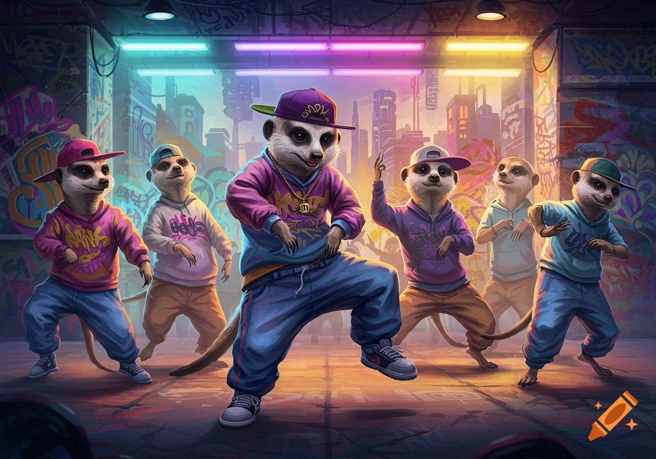 Meerkats wearing hip hop clothing and caps breakdancing in a neon-lit urban street with graffiti.