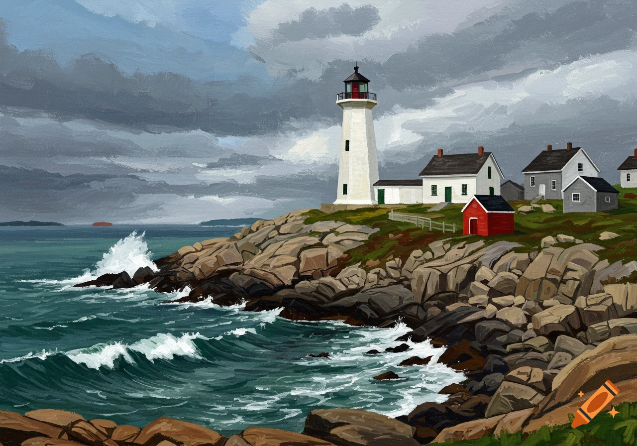 Painted lighthouse on a rocky coast with houses under a stormy sky