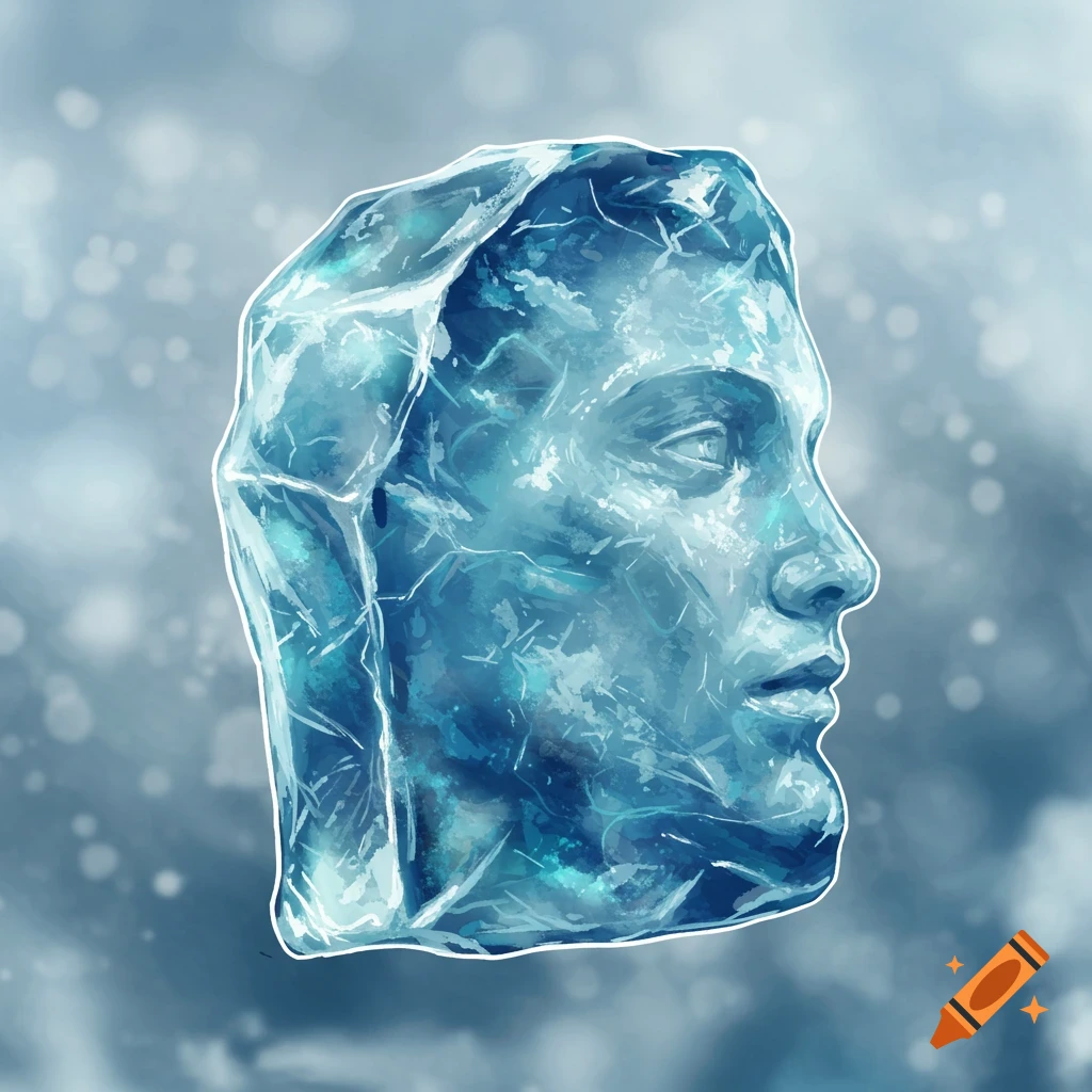 Illustration of a profile view of a face made of ice against a snowy background.