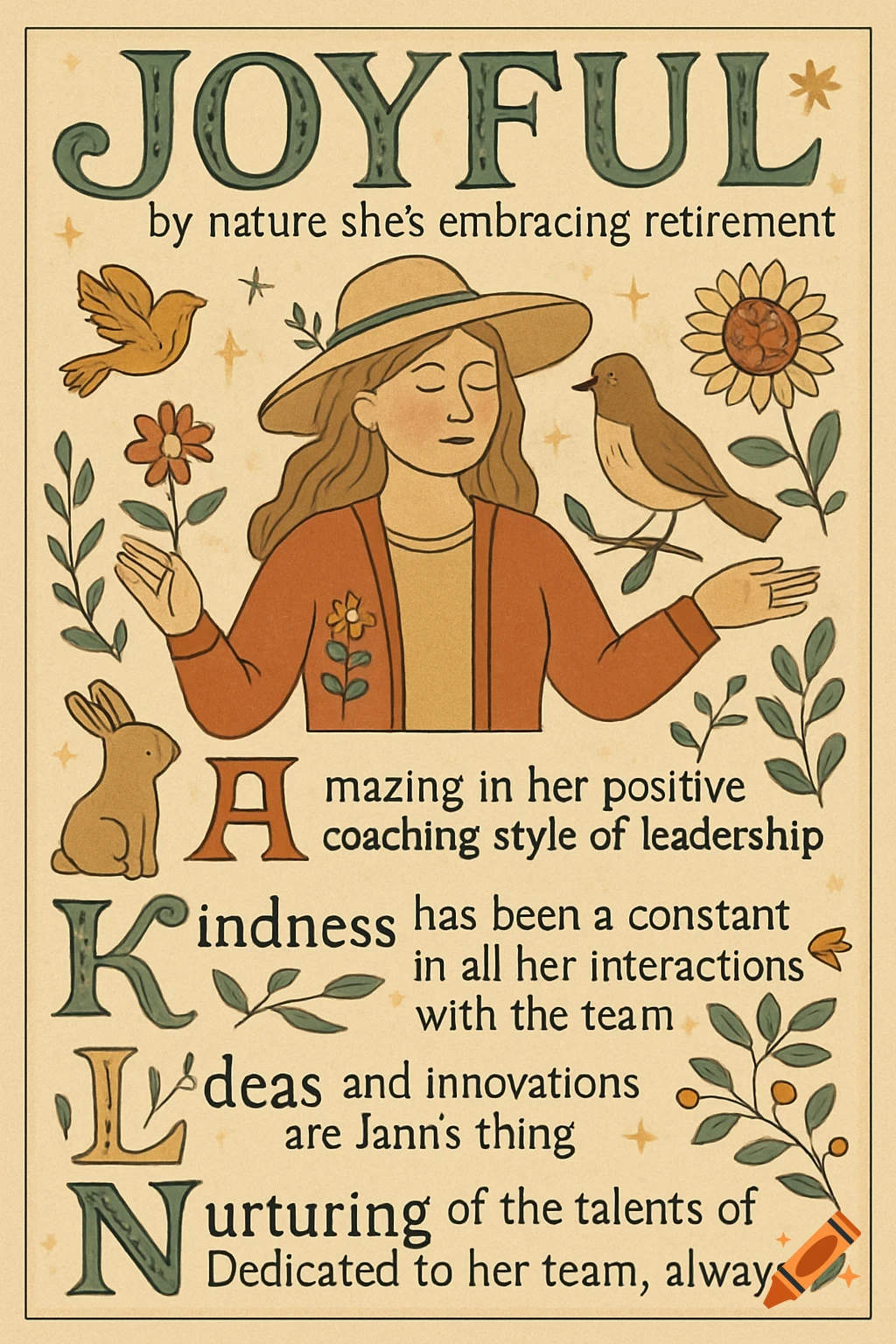 Whimsical folksy illustration with text and a woman, rabbit, birds, and plants.