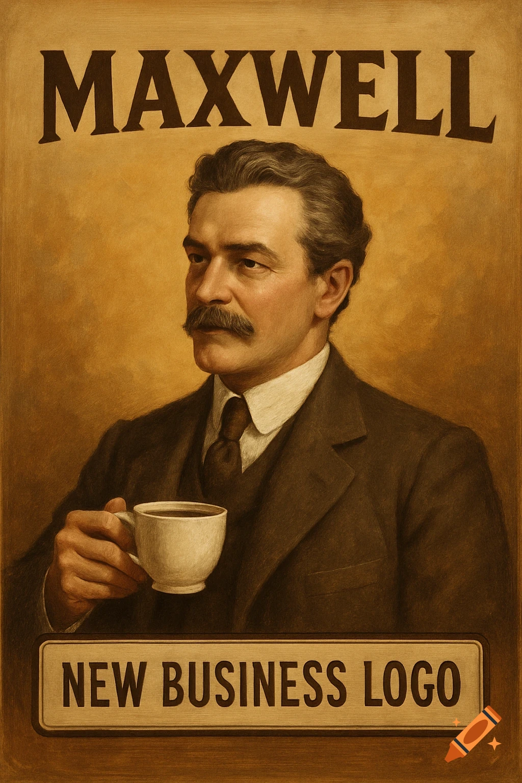 Vintage style advertisement of a man holding a coffee cup with 'MAXWELL' and 'NEW BUSINESS LOGO' text.