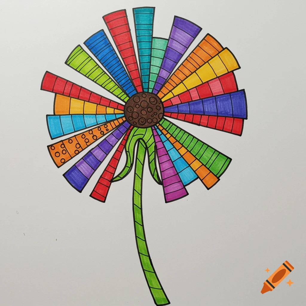 Colorful drawing of a patchwork style flower with rectangle petals on a white background.