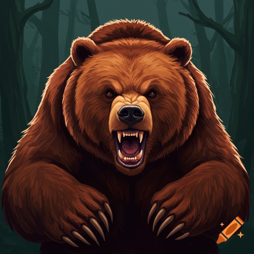 Angry brown bear roaring with claws extended in a stylized forest.