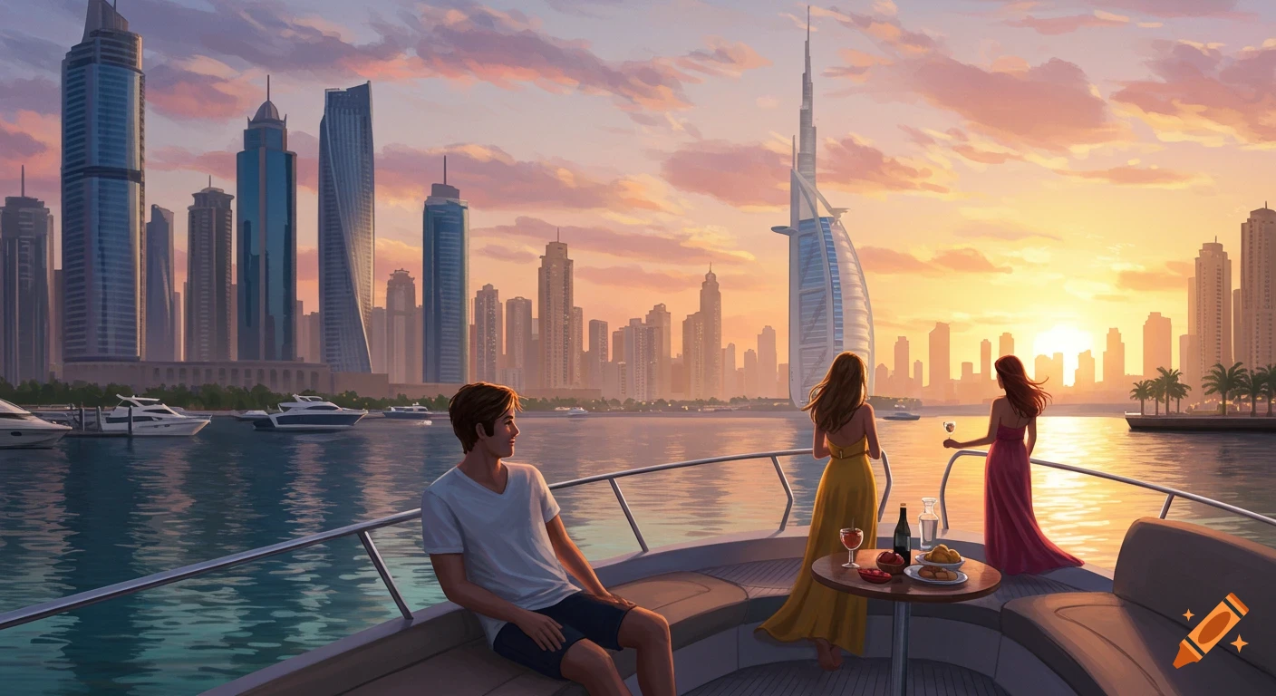Three people on a boat watch the sunset over the Dubai skyline, illustration.