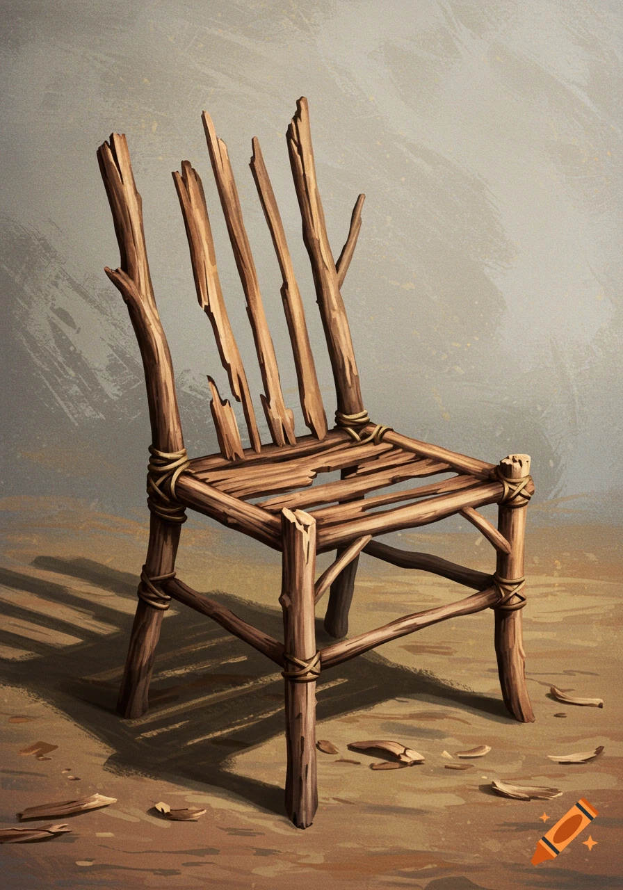 Illustration of a broken wooden chair made of sticks.