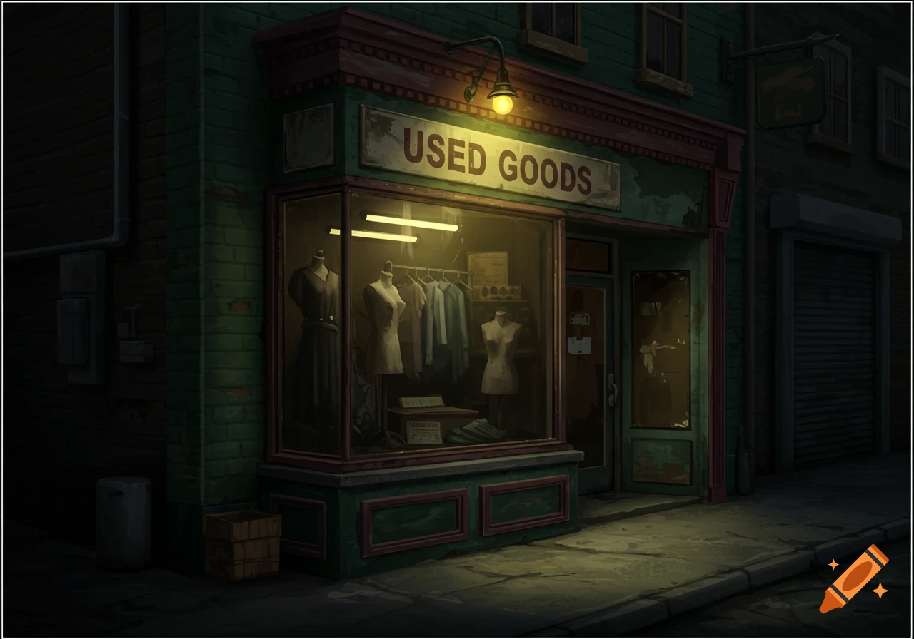 A dark, stylized illustration of a used goods store storefront at night.