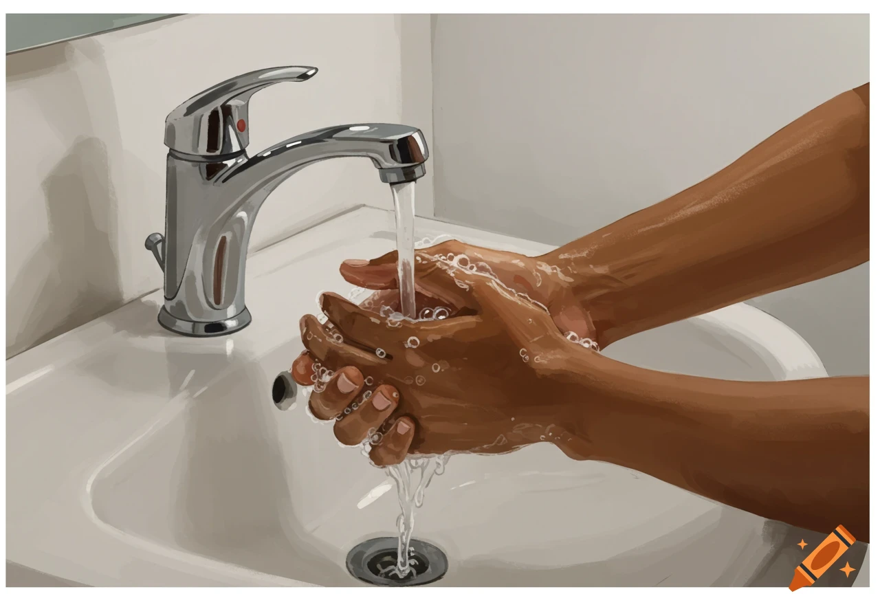 Close-up illustration of hands washing under a faucet in a sink with soap bubbles.