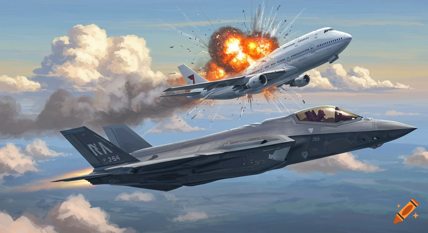 Fighter jet flies in the foreground as a commercial airliner explodes behind it, illustration.