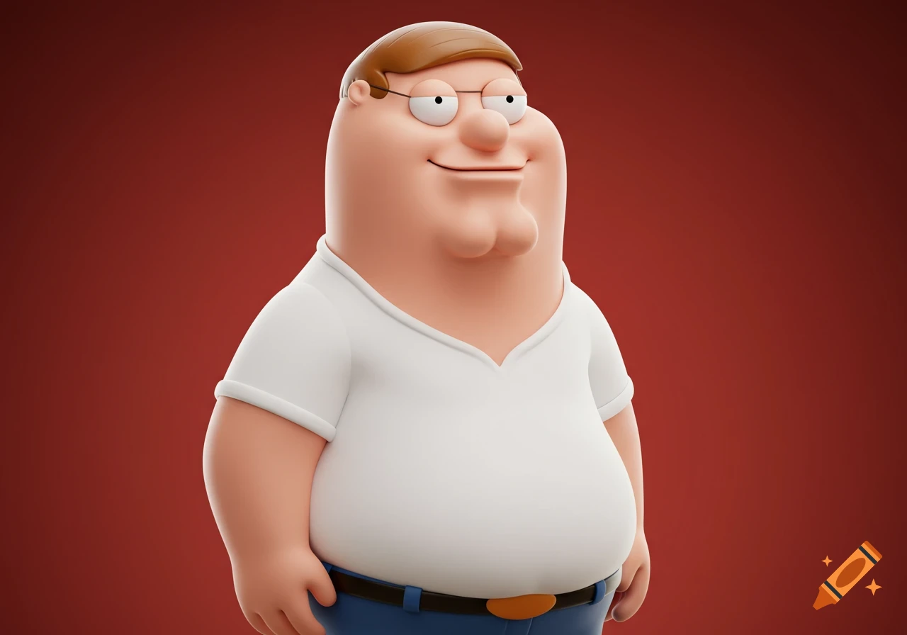 3D render of Peter Griffin from Family Guy in a white shirt against a red background.