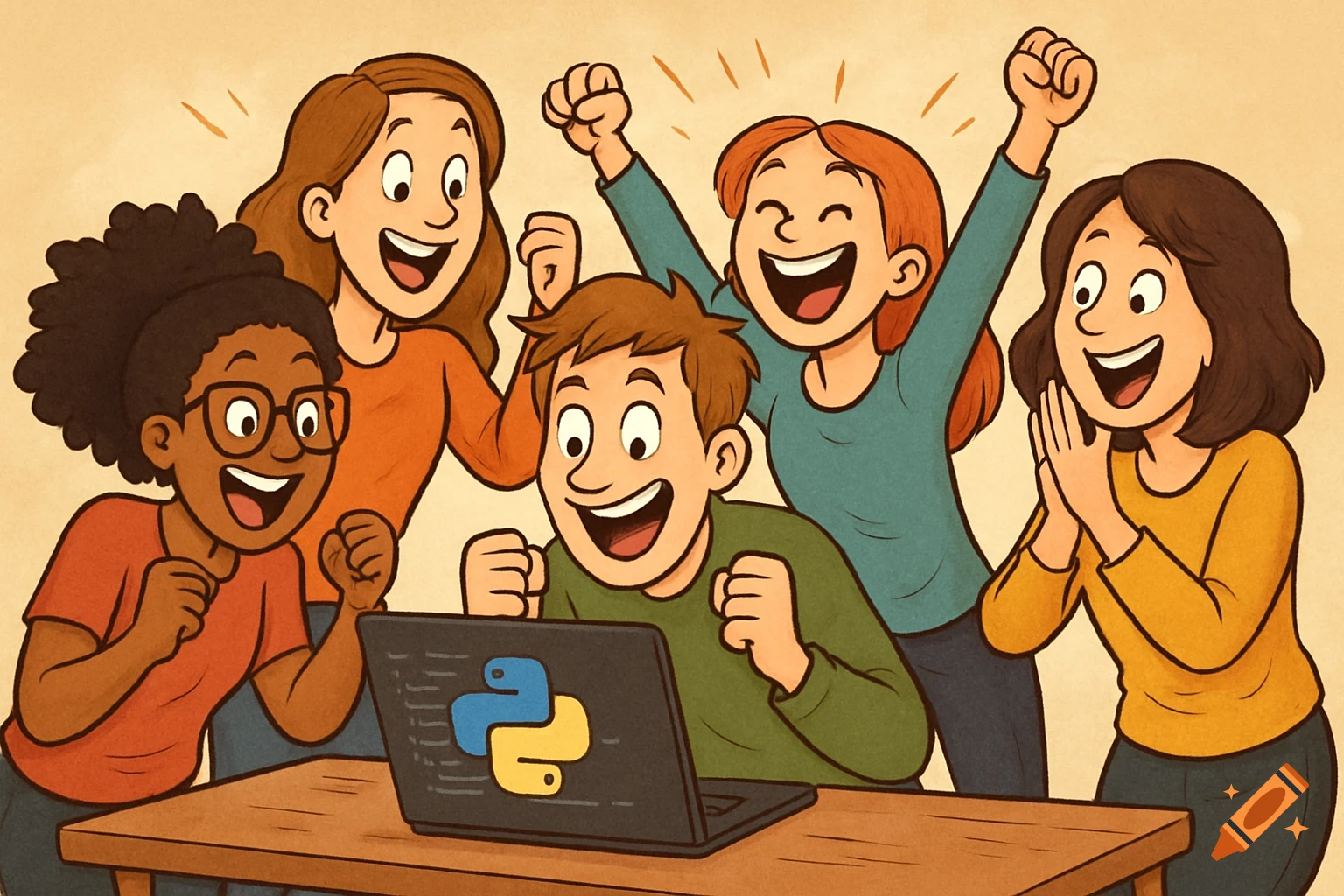Diverse group of people celebrating success while looking at Python code on a laptop, cartoon illustration.