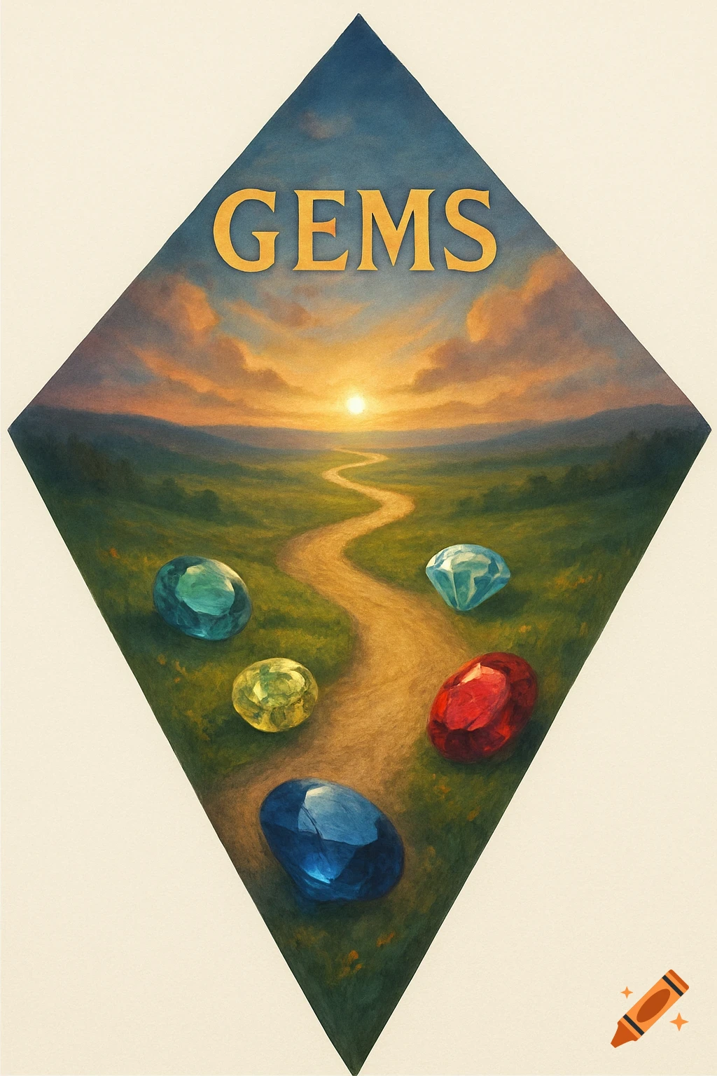A diamond-shaped painting depicts a winding path through a landscape dotted with large gems, leading towards a sunset. The word GEMS is written above.