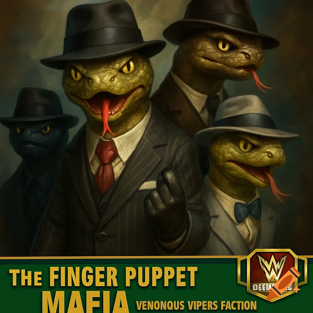 Four anthropomorphic snakes in suits and hats standing together, looking like a mafia group, digital painting