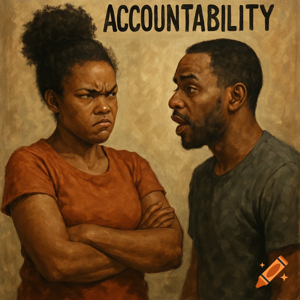 Painterly illustration of an angry woman with crossed arms looking at a man talking. The word ACCOUNTABILITY is above them.