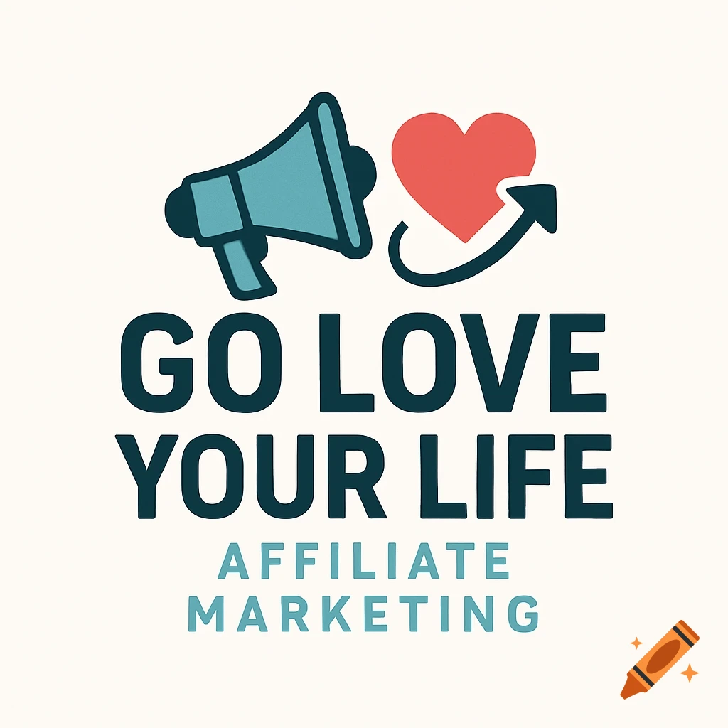 Logo with text 'Go Love Your Life Affiliate Marketing', a megaphone, heart, and arrow.